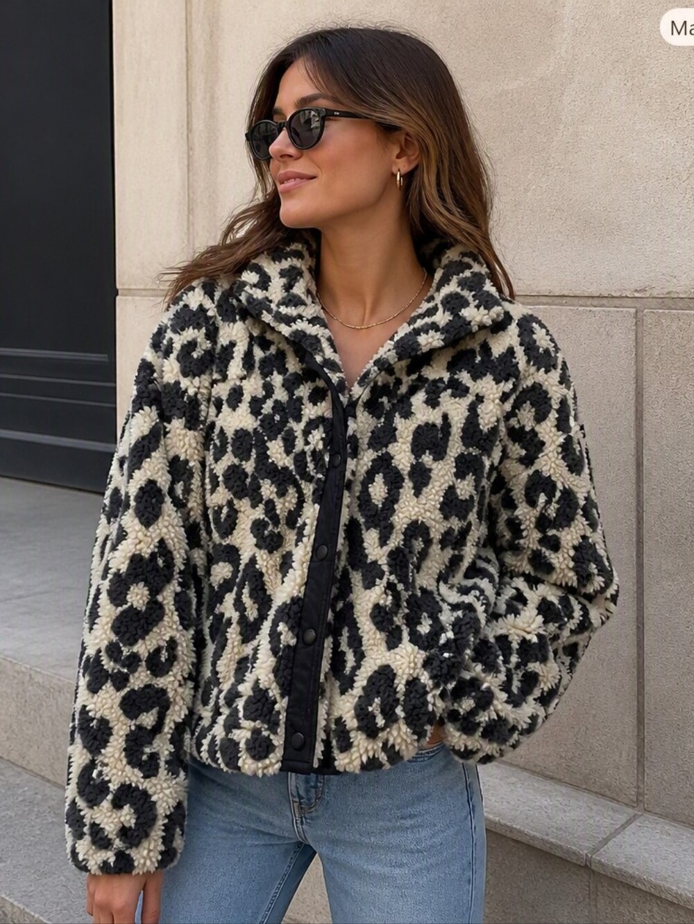 Old Navy Black & Cream Leopard Sherpa Snap Jacket